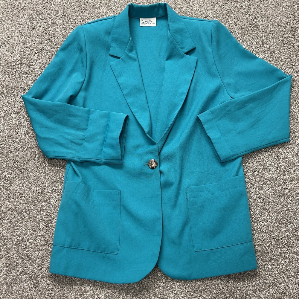 Vintage Cristin Stevens Blazer Jacket Womens Med Blue One Button 3/4 Sleeve USA